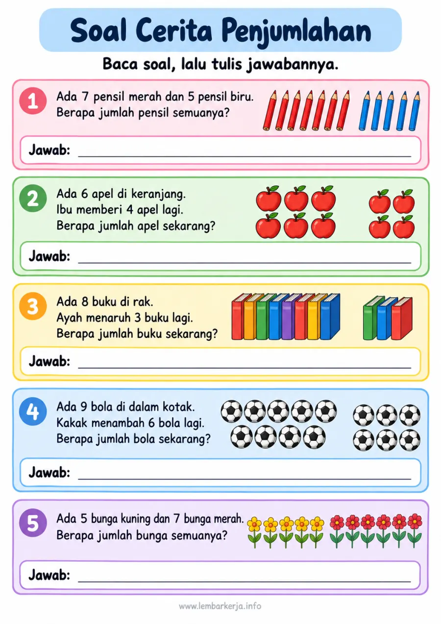 Soal Cerita Penjumlahan Bergambar Matematika Sd - Lembar Kerja SD Hitung & Berhitung