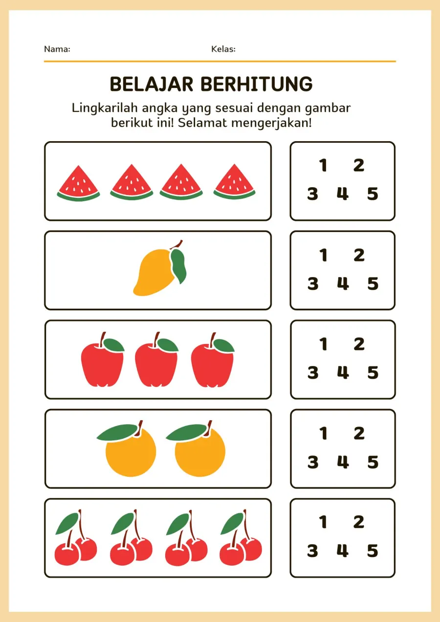 Lingkarilah Angka yang Sesuai dengan Jumlah Gambar - Lembar Kerja SD Hitung & Berhitung