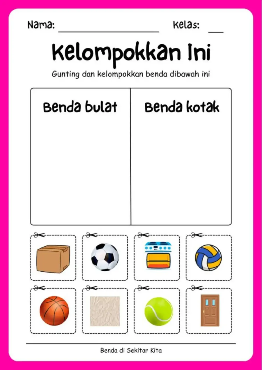 Gunting dan Kelompokkan Kategori Benda Sehari Hari - Lembar Kerja TK Sortir & Kategorisasi