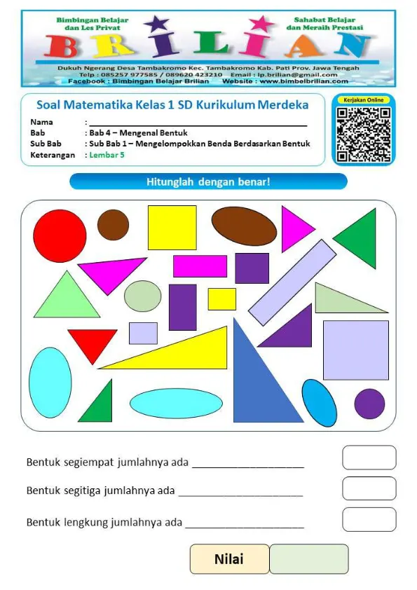 Menghitung Jumlah Bentuk Geometri Acak Lembar 5 - Lembar Kerja SD Hitung & Berhitung