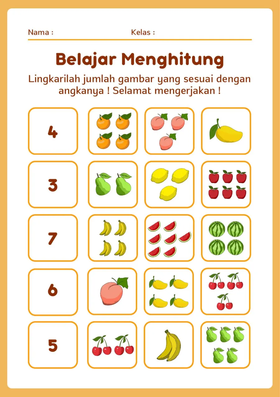 Lembar Kerja PAUD: Melingkari Jumlah Gambar yang Sesuai dengan Angka Petunjuk - Lembar Kerja PAUD Hitung & Berhitung