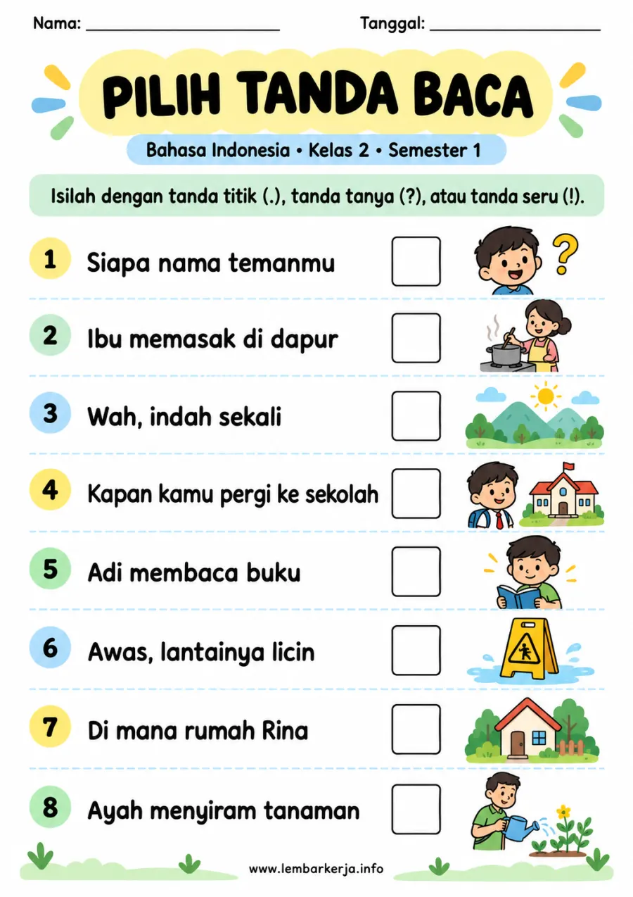Pilih Tanda Baca Titik Tanya dan Seru - Lembar Kerja SD Grammar / Tatabahasa