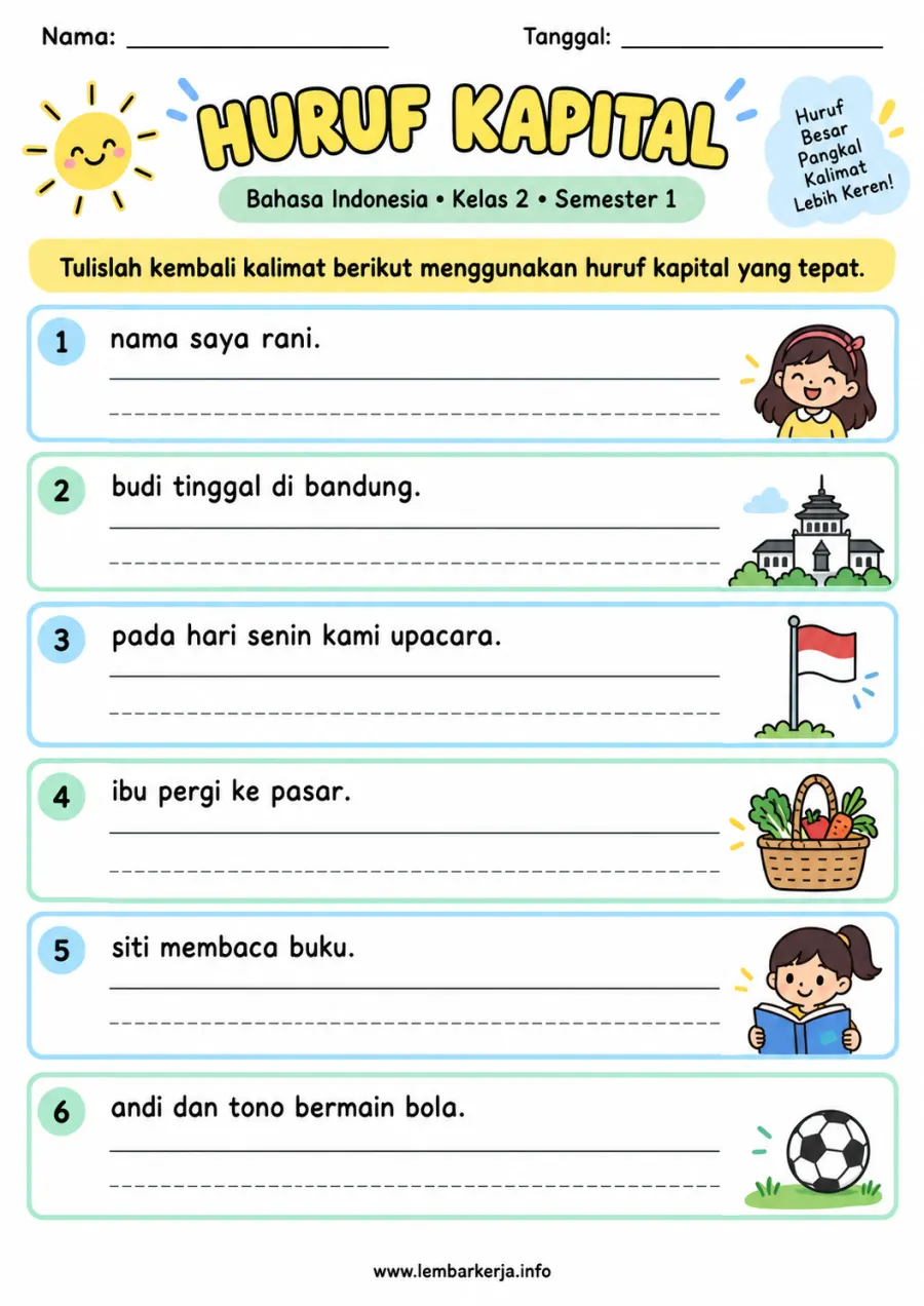 Penggunaan Huruf Kapital Dalam Kalimat - Lembar Kerja SD Grammar / Tatabahasa