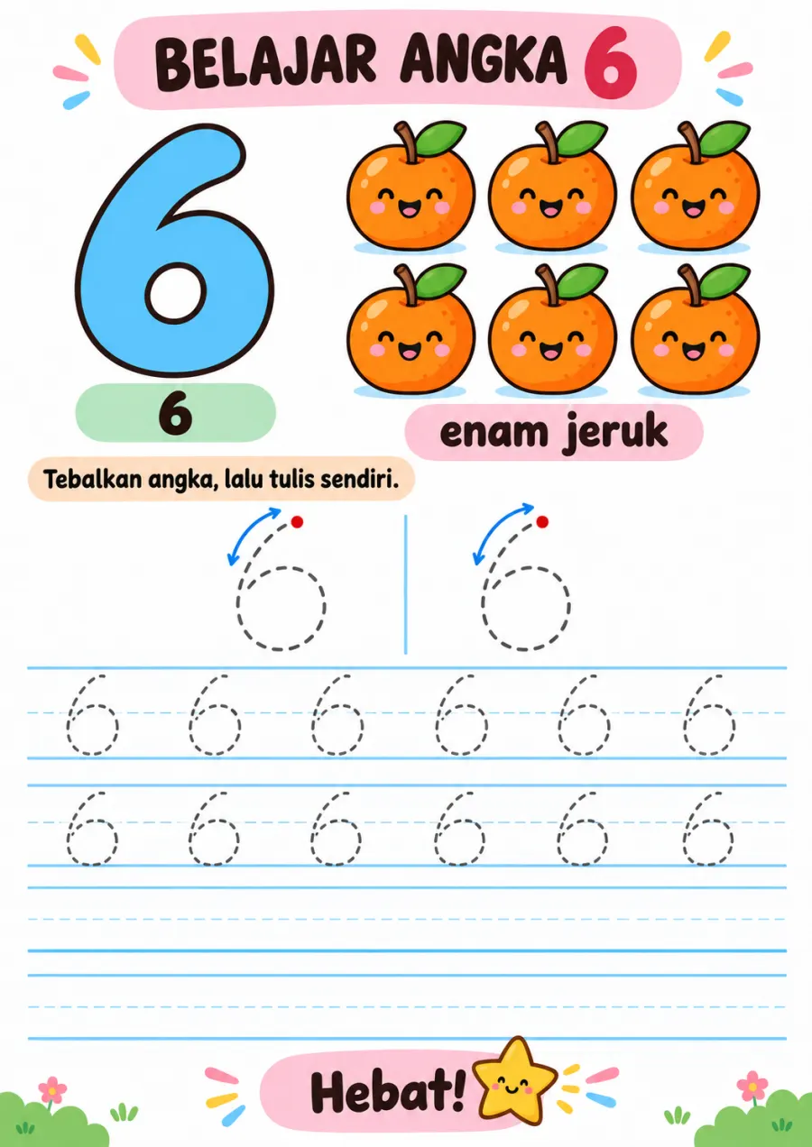 Belajar Menulis dan Menebalkan Angka 6 - Lembar Kerja TK Hitung & Berhitung
