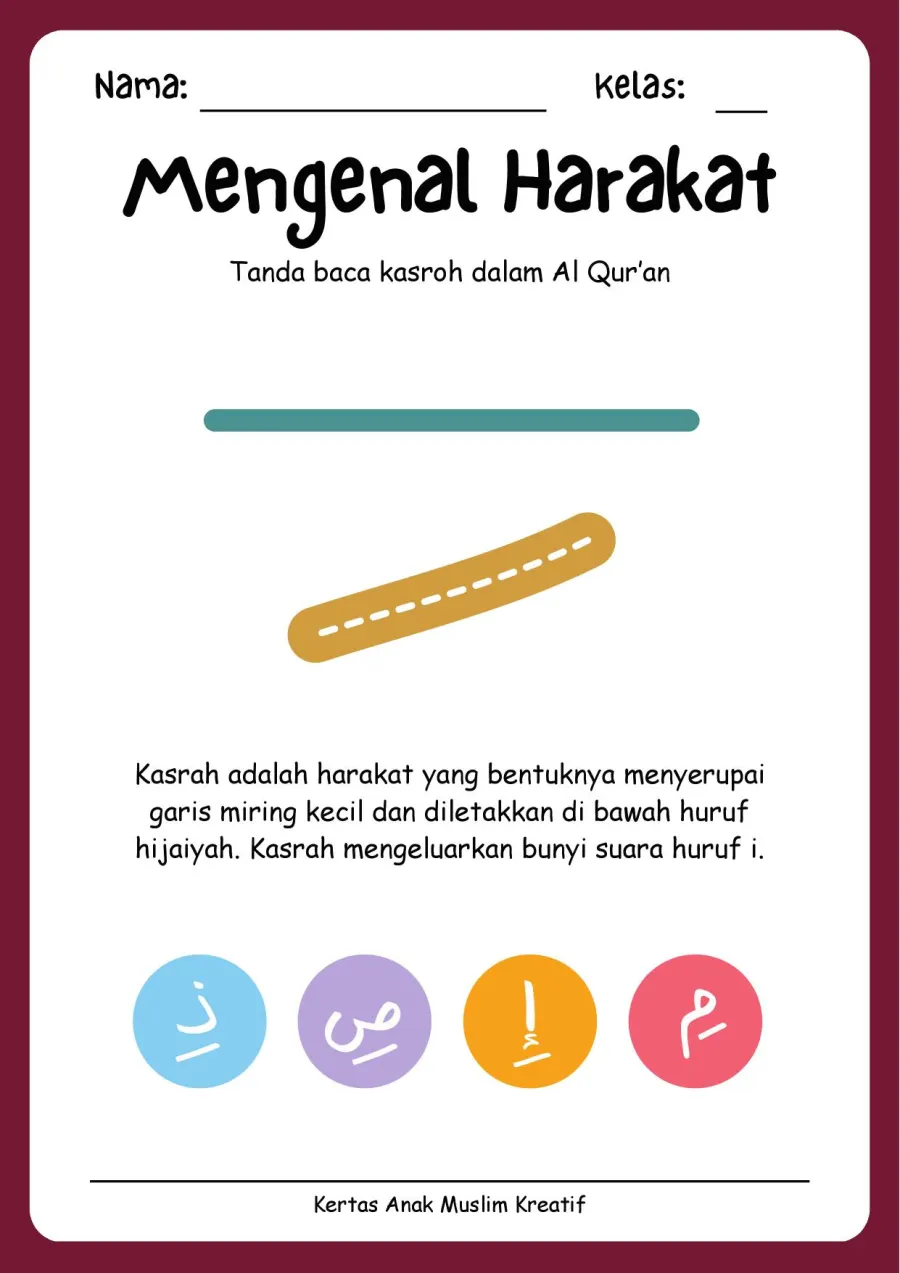 Preview Lembar Kerja PAUD: Mengenal Harakat Tanda Baca Kasrah Dalam Al Quran