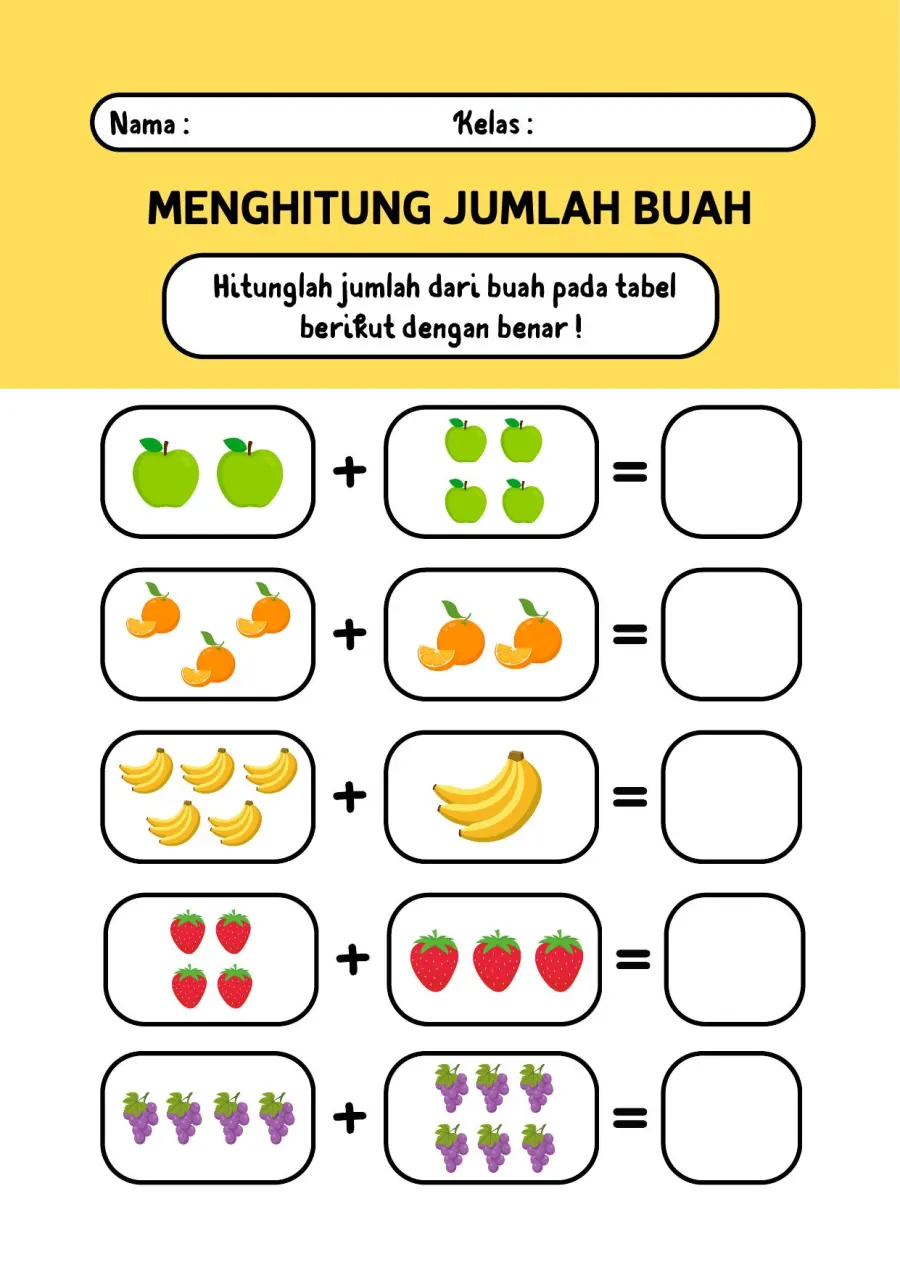 Lembar Kerja PAUD: Menghitung Jumlah Aneka Buah pada Tabel Data Sederhana - Lembar Kerja PAUD Tabel & Grafik
