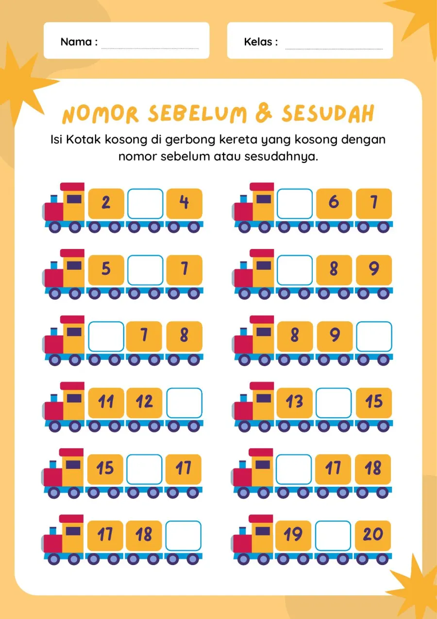 Lembar Kerja PAUD: Menentukan Nomor Sebelum dan Sesudah pada Gerbong Kereta Angka - Lembar Kerja PAUD Hitung & Berhitung
