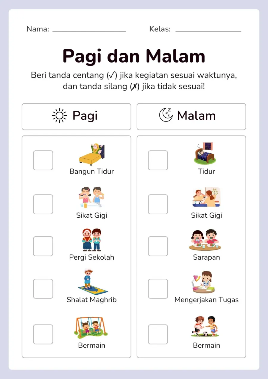 Membedakan Kegiatan Waktu Pagi dan Malam Hari - Lembar Kerja SD Sortir & Kategorisasi