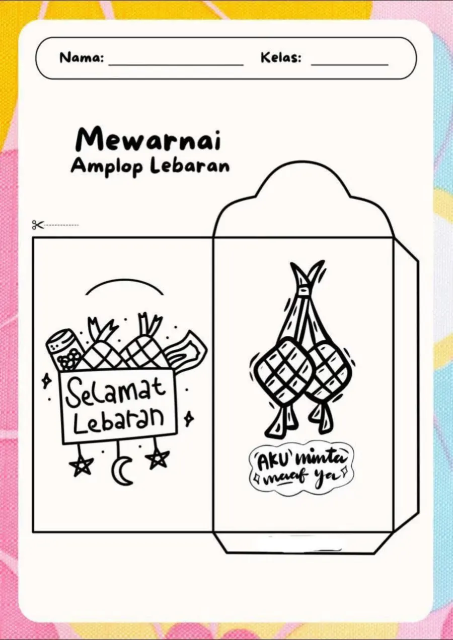 Craft Amplop Lebaran Idul Fitri Desain Anak Muslim 3 - Lembar Kerja TK Motorik Halus (Gunting Tempel)