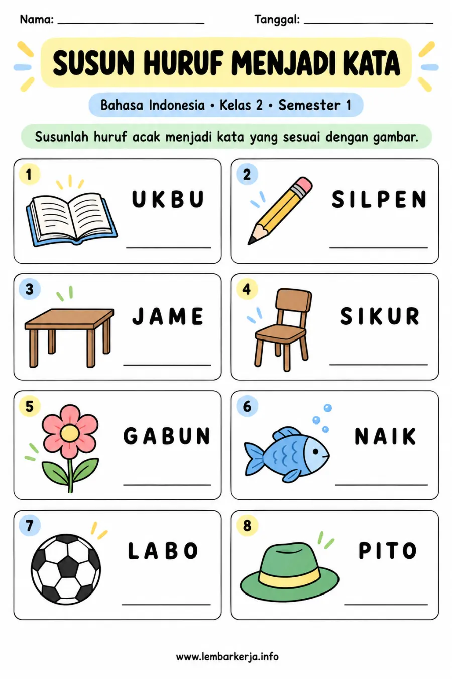 Susun Huruf Menjadi Kata Sesuai Gambar - Lembar Kerja SD Susun Kata & Kalimat