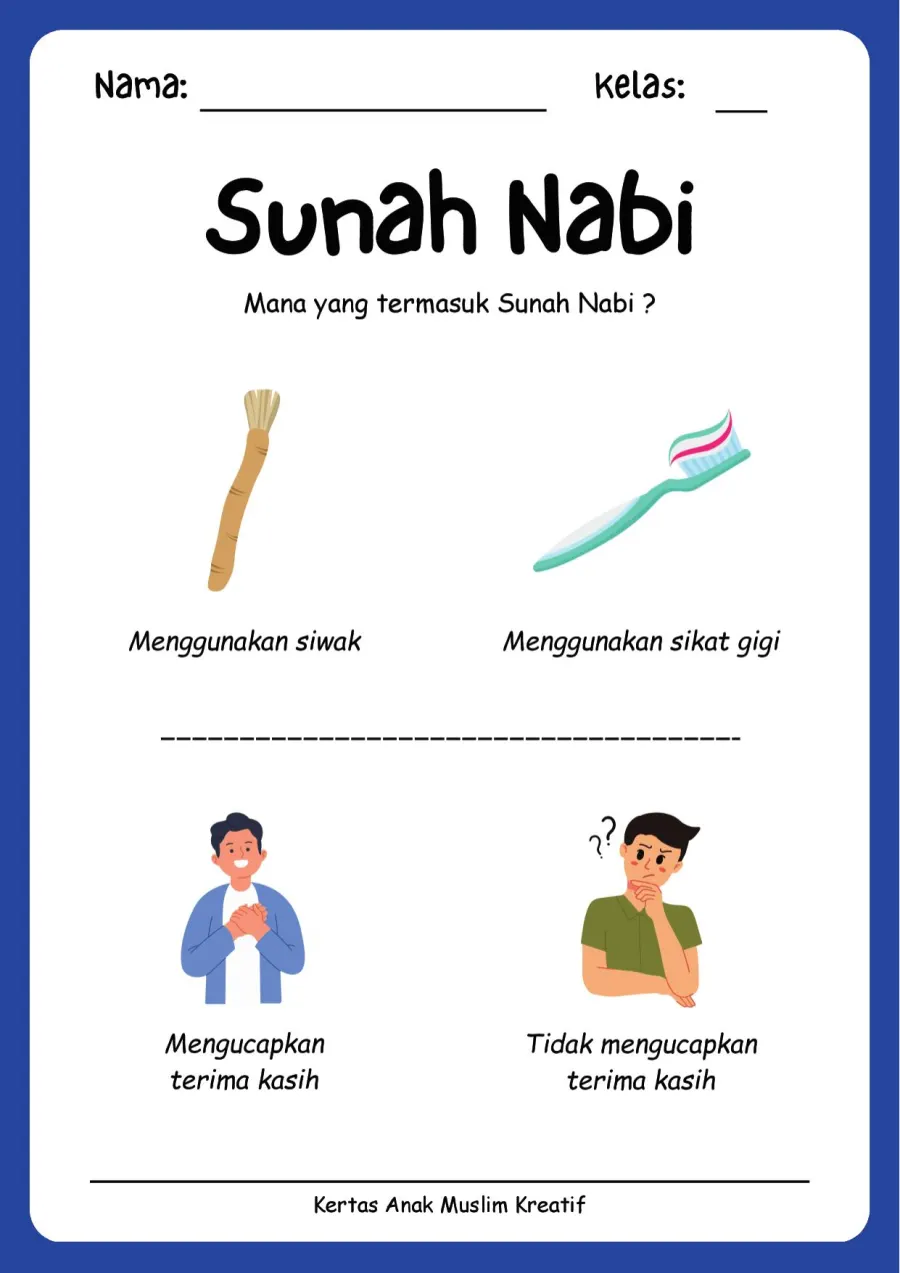 Preview Lembar Kerja PAUD: Membedakan Perilaku Sunah Nabi Bersiwak dan Bersyukur