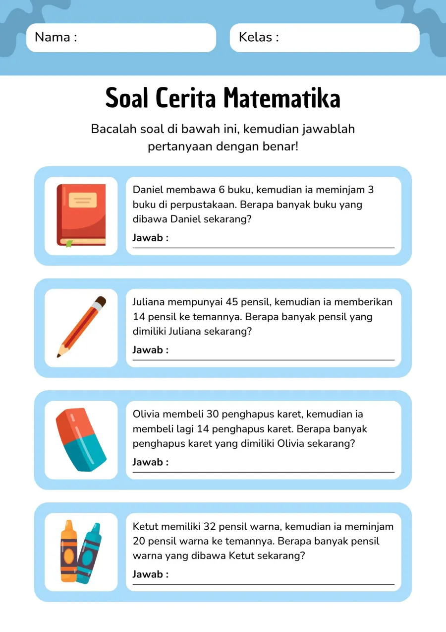 Soal Cerita Matematika Operasi Hitung Campuran Sederhana - Lembar Kerja SD Hitung & Berhitung