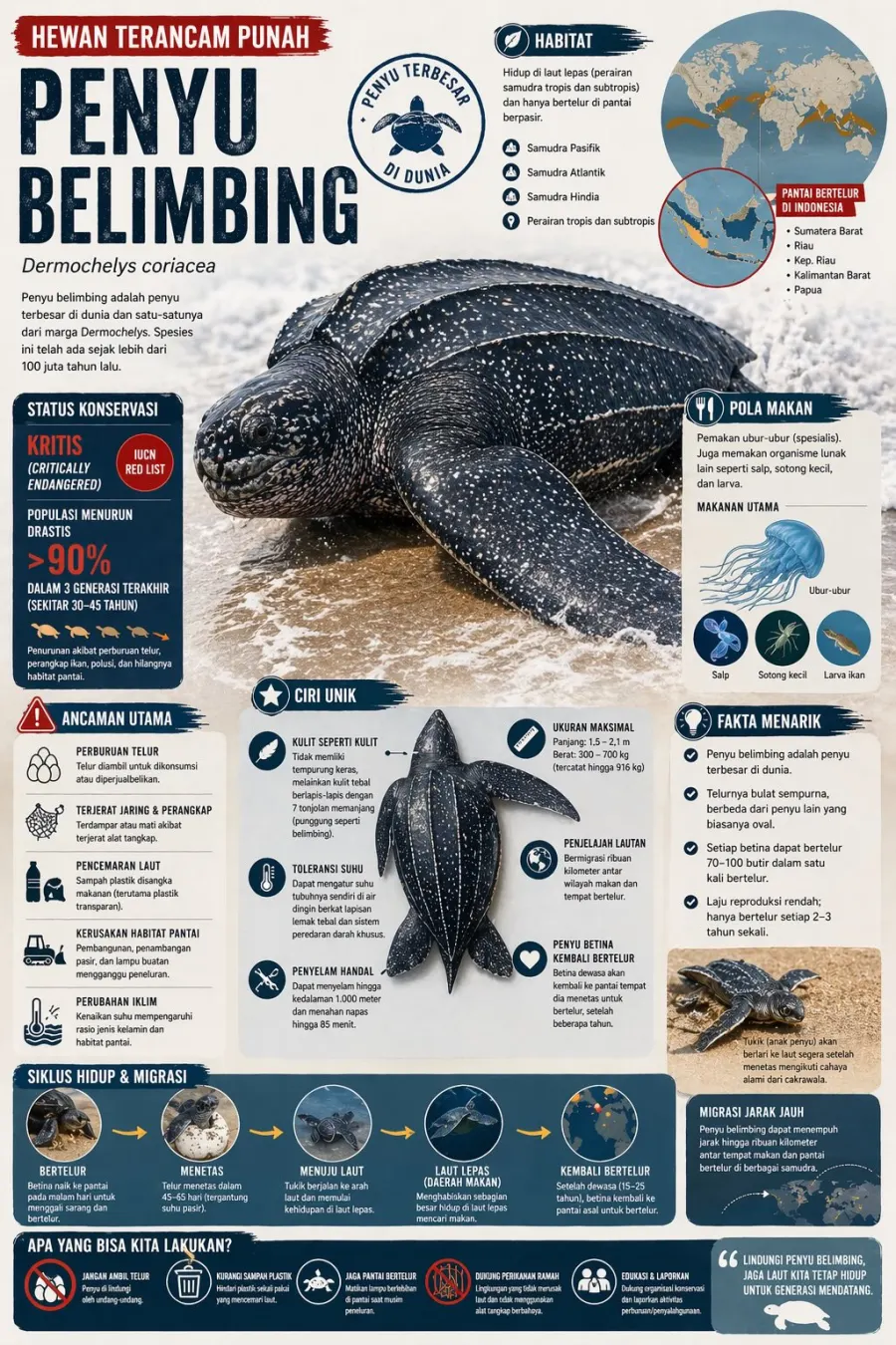 Hewan Terancam Punah Penyu Belimbing Penyu Terbesar Dunia - Poster / Infografis Umum Infografis Lingkungan