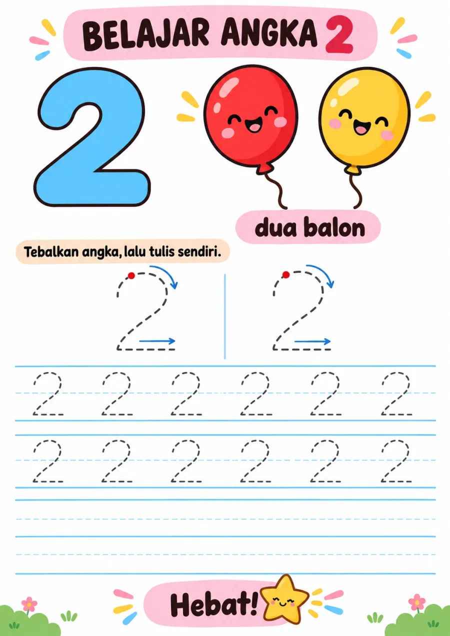 Belajar Menulis dan Menebalkan Angka 2 - Lembar Kerja TK Hitung & Berhitung