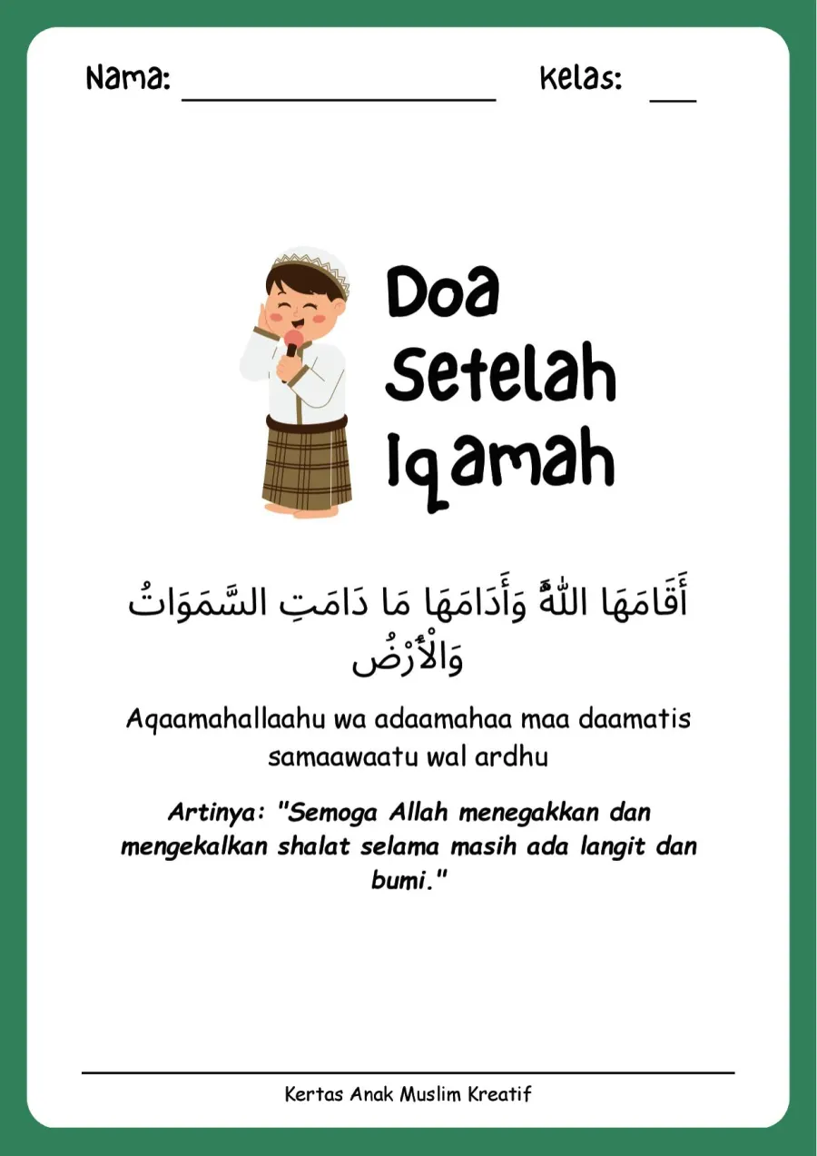 Preview Lembar Kerja PAUD: Membaca dan Menghafal Doa Setelah Iqamah