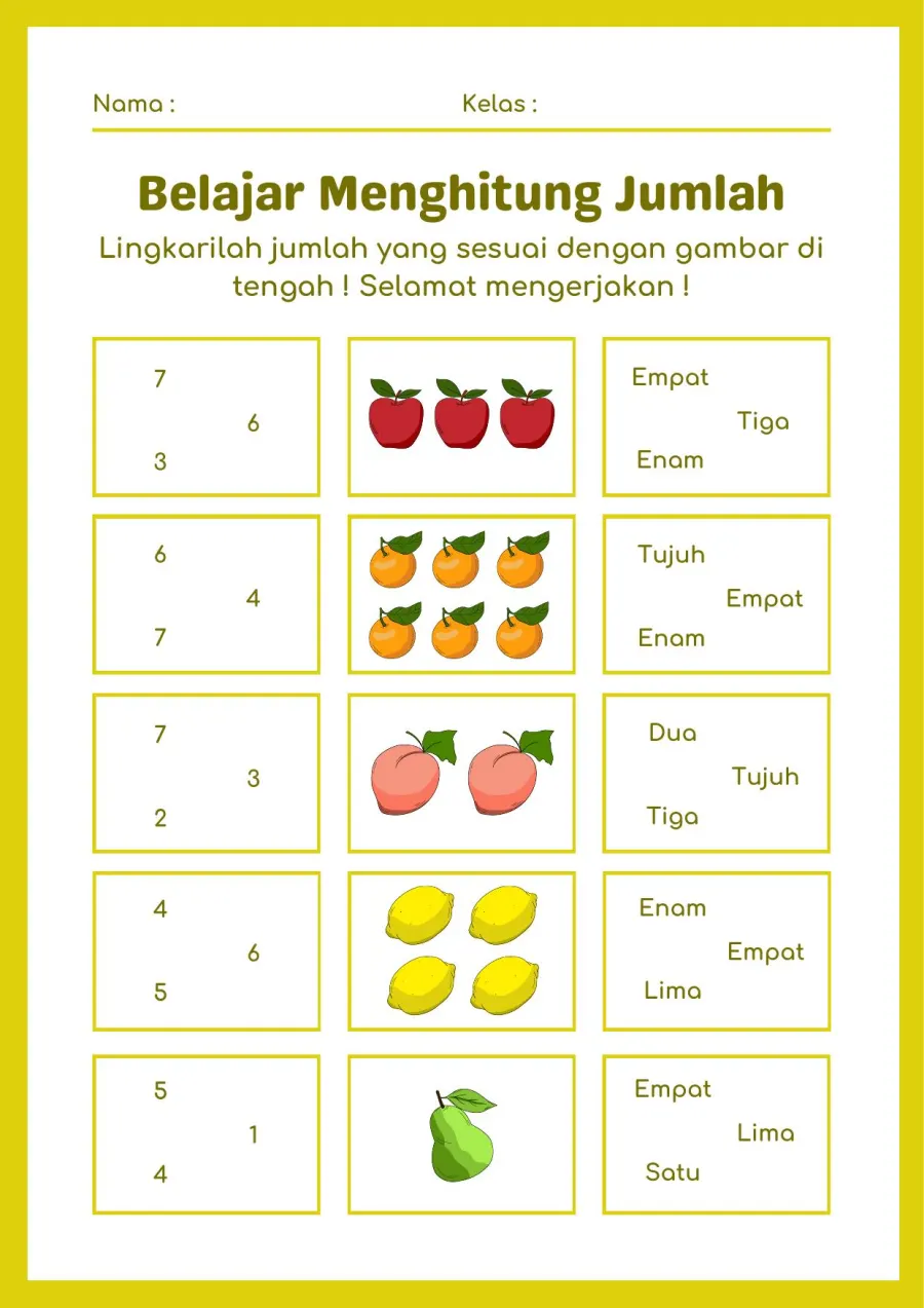 Lembar Kerja PAUD: Belajar Menghitung Jumlah Gambar dan Melingkari Nama Bilangan - Lembar Kerja PAUD Hitung & Berhitung