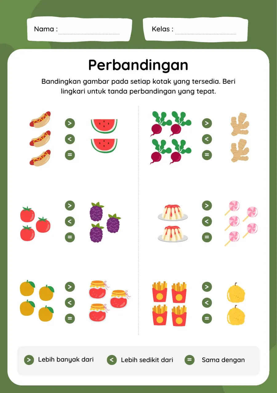 Preview Lembar Kerja PAUD: Latihan Tanda Perbandingan Lebih Banyak Lebih Sedikit dan Sama
