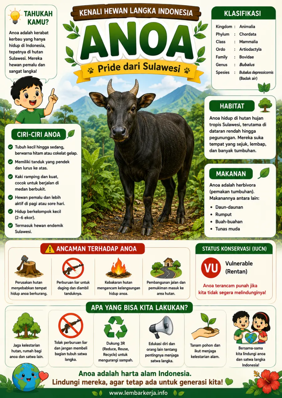 Anoa: Mengenal Hewan Langka Indonesia dari Sulawesi, Ciri-Ciri, Habitat, dan Cara Melindunginya - Poster / Infografis Umum Infografis