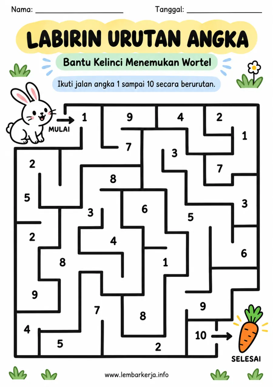 Labirin Urutan Angka 1 Sampai 10 Kelinci dan Wortel - Lembar Kerja SD Labirin & Puzzle