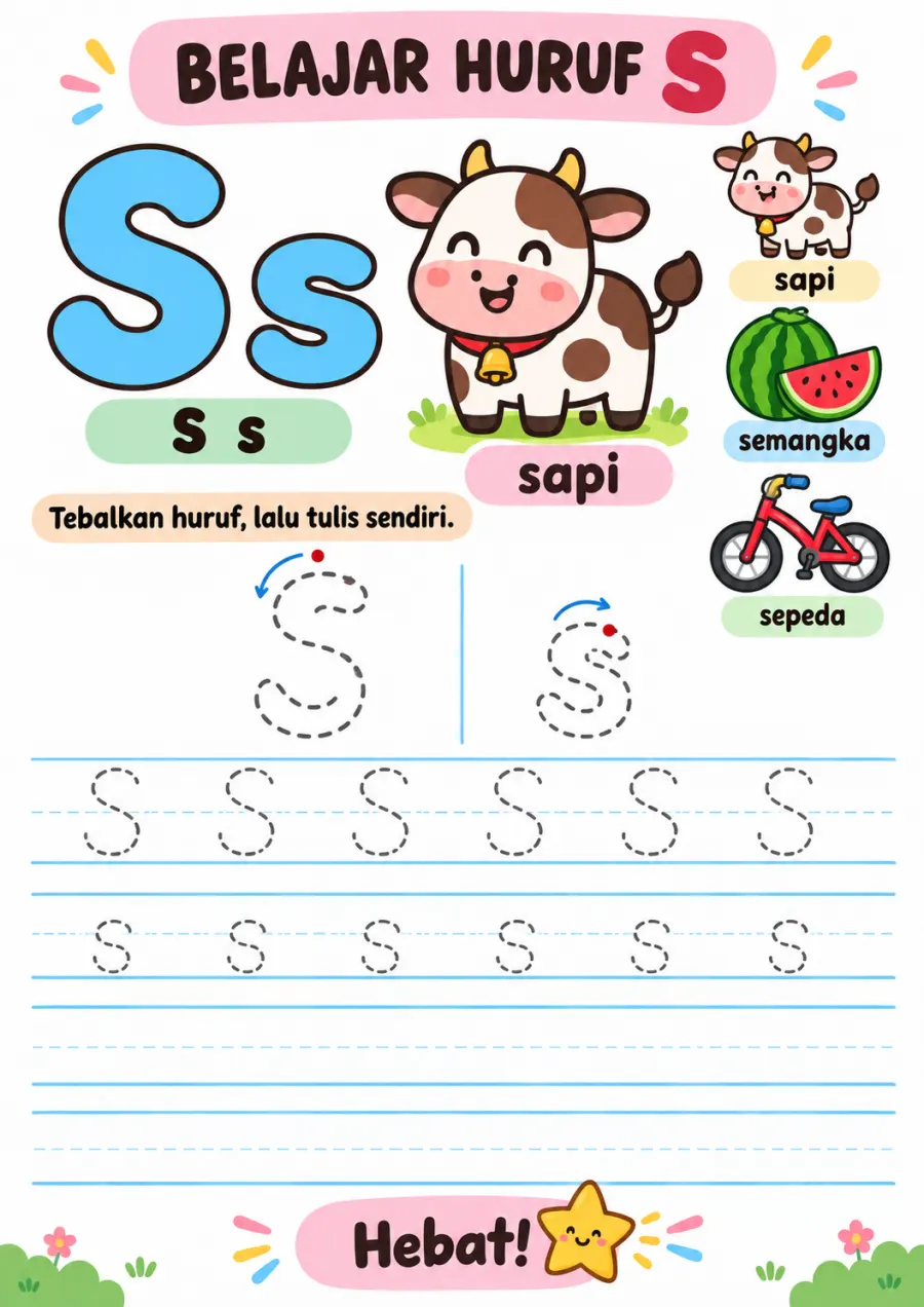 Preview Belajar Menulis dan Menebalkan Huruf S