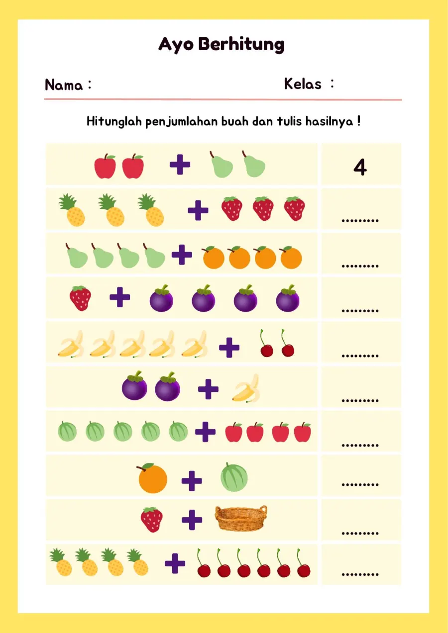 Lembar Kerja PAUD: Penjumlahan Bergambar Aneka Buah dan Menuliskan Hasilnya - Lembar Kerja PAUD Hitung & Berhitung