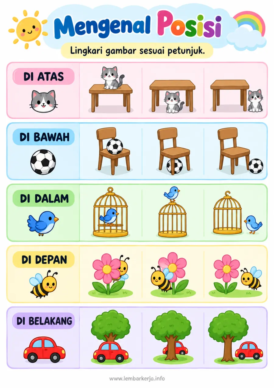 Mengenal Posisi Spasial Atas Bawah Dalam Depan Belakang - Lembar Kerja TK Sortir & Kategorisasi