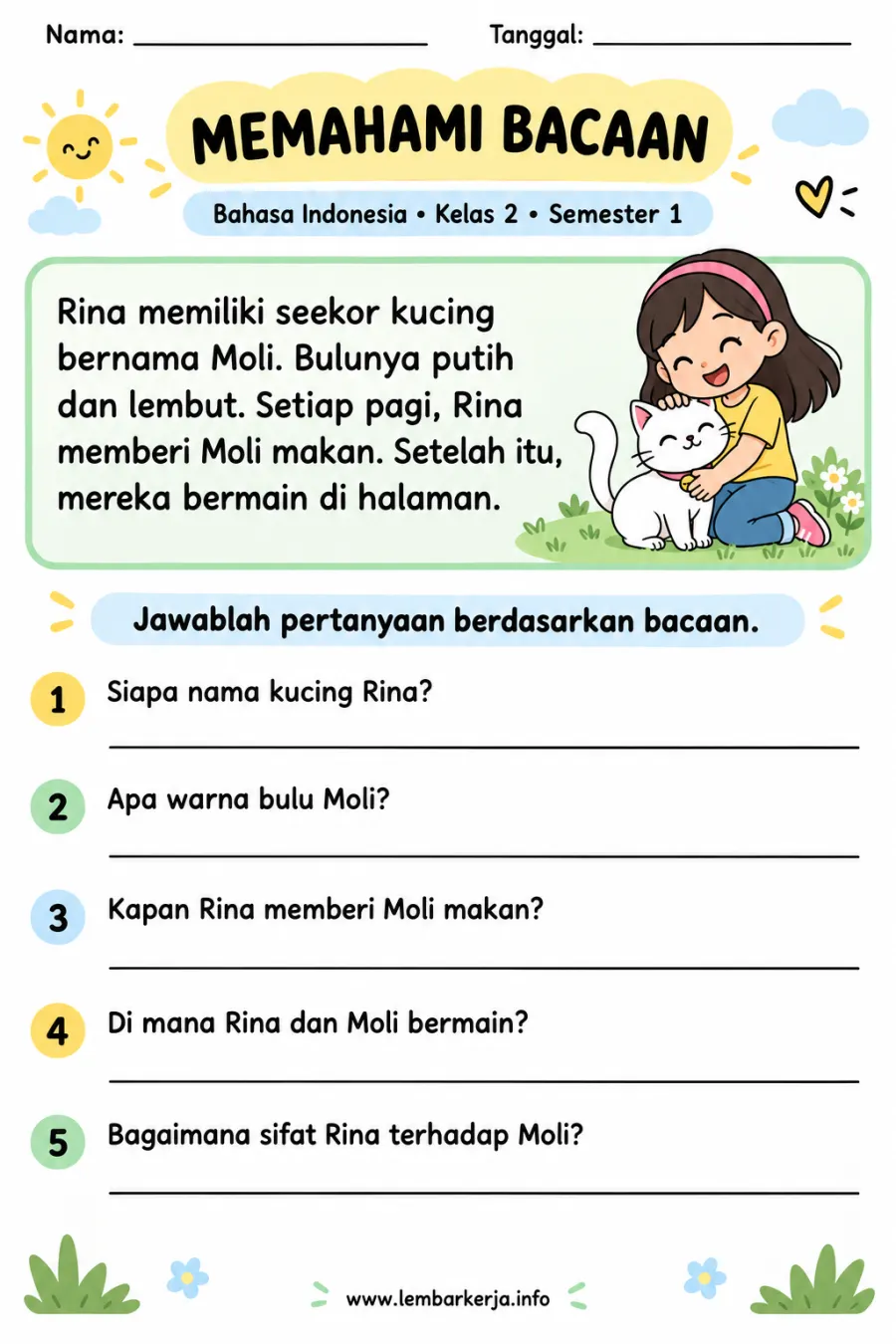 Memahami Bacaan Teks Pendek Kucing Moli - Lembar Kerja SD Membaca Pemahaman
