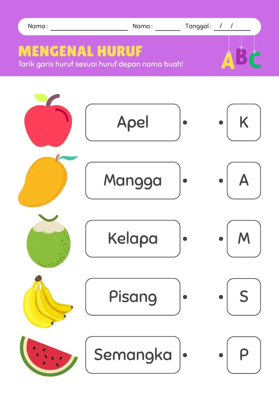Mengenal Huruf Tarik Garis Huruf Depan Nama Buah - Lembar Kerja TK Menghubungkan (Matching)