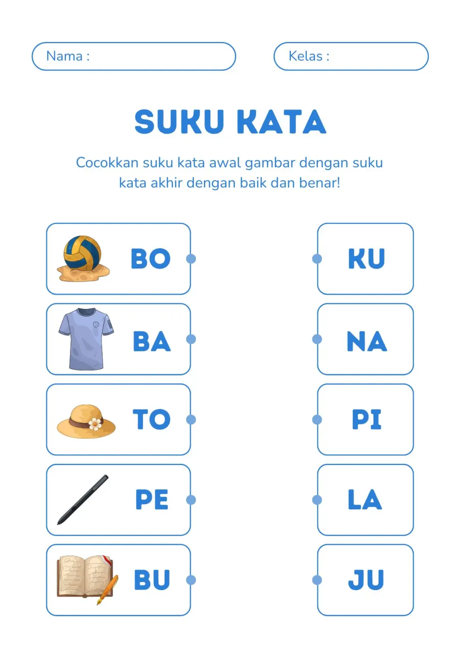 Mencocokkan Suku Kata Awal dan Akhir Nama Benda - Lembar Kerja SD Kosakata / Vocabulary