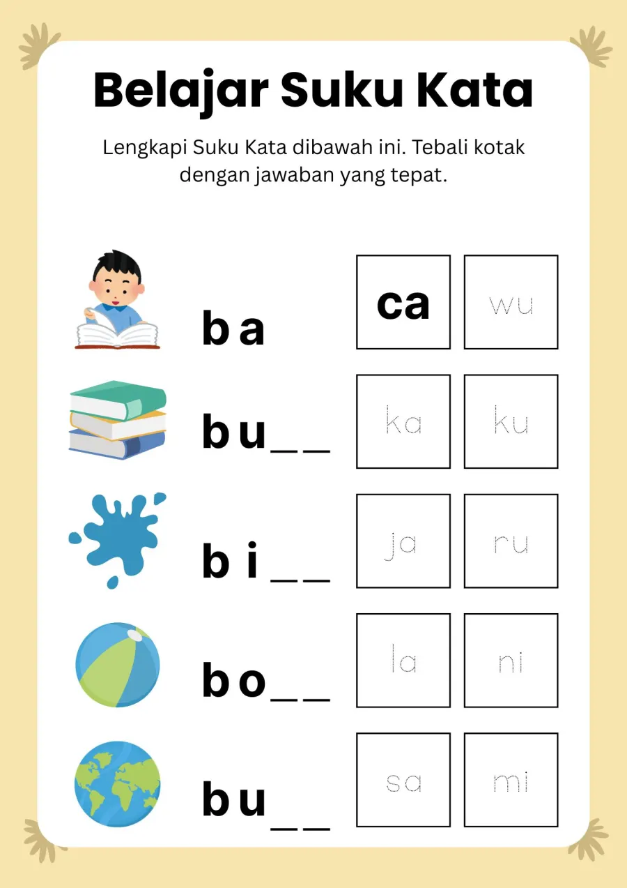 Melengkapi Suku Kata dan Menebali Kotak Jawaban - Lembar Kerja SD Kosakata / Vocabulary