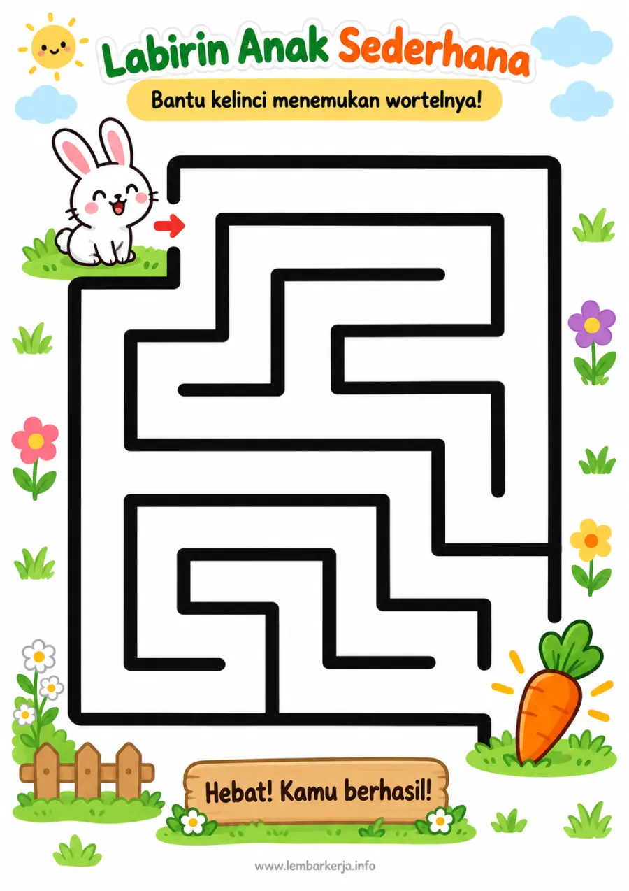Labirin Anak Sederhana Membantu Kelinci Menemukan Wortel - Lembar Kerja TK Labirin & Puzzle