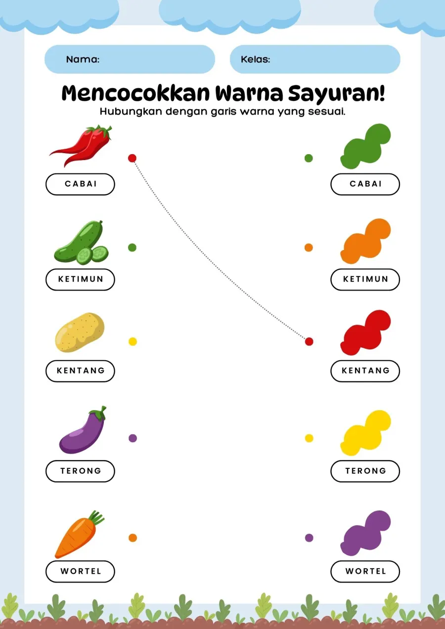 Preview Mencocokkan Warna Sayuran Menarik Garis Warna Sesuai