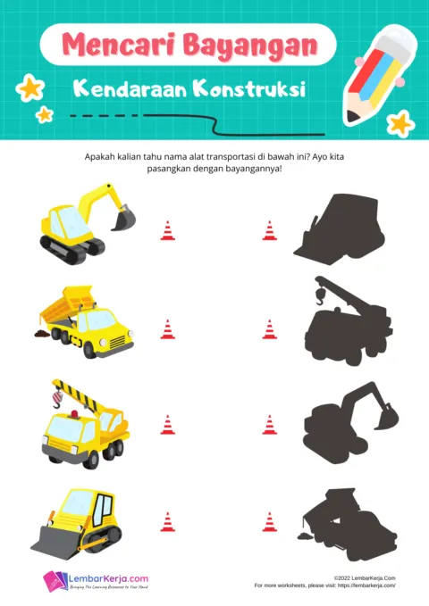 Menghubungkan Bayangan Kendaraan Konstruksi Alat Berat - Lembar Kerja TK Menghubungkan (Matching)