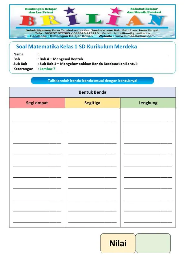 Menuliskan Nama Benda Sesuai Bentuk Geometri Lembar 7 - Lembar Kerja SD Sortir & Kategorisasi