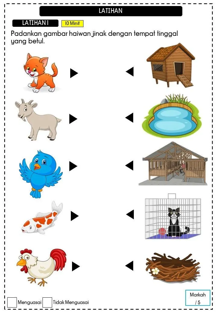 Padankan Gambar Haiwan Jinak dengan Tempat Tinggal - Lembar Kerja TK Menghubungkan (Matching)