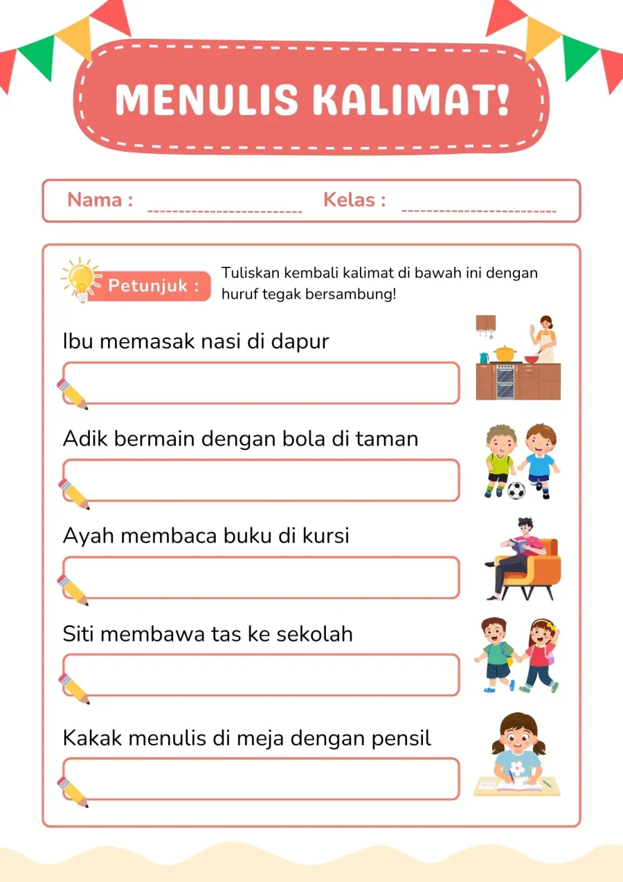 Menulis Kalimat Sederhana Lembar Kedua Latihan Bahasa - Lembar Kerja SD Menulis Kreatif
