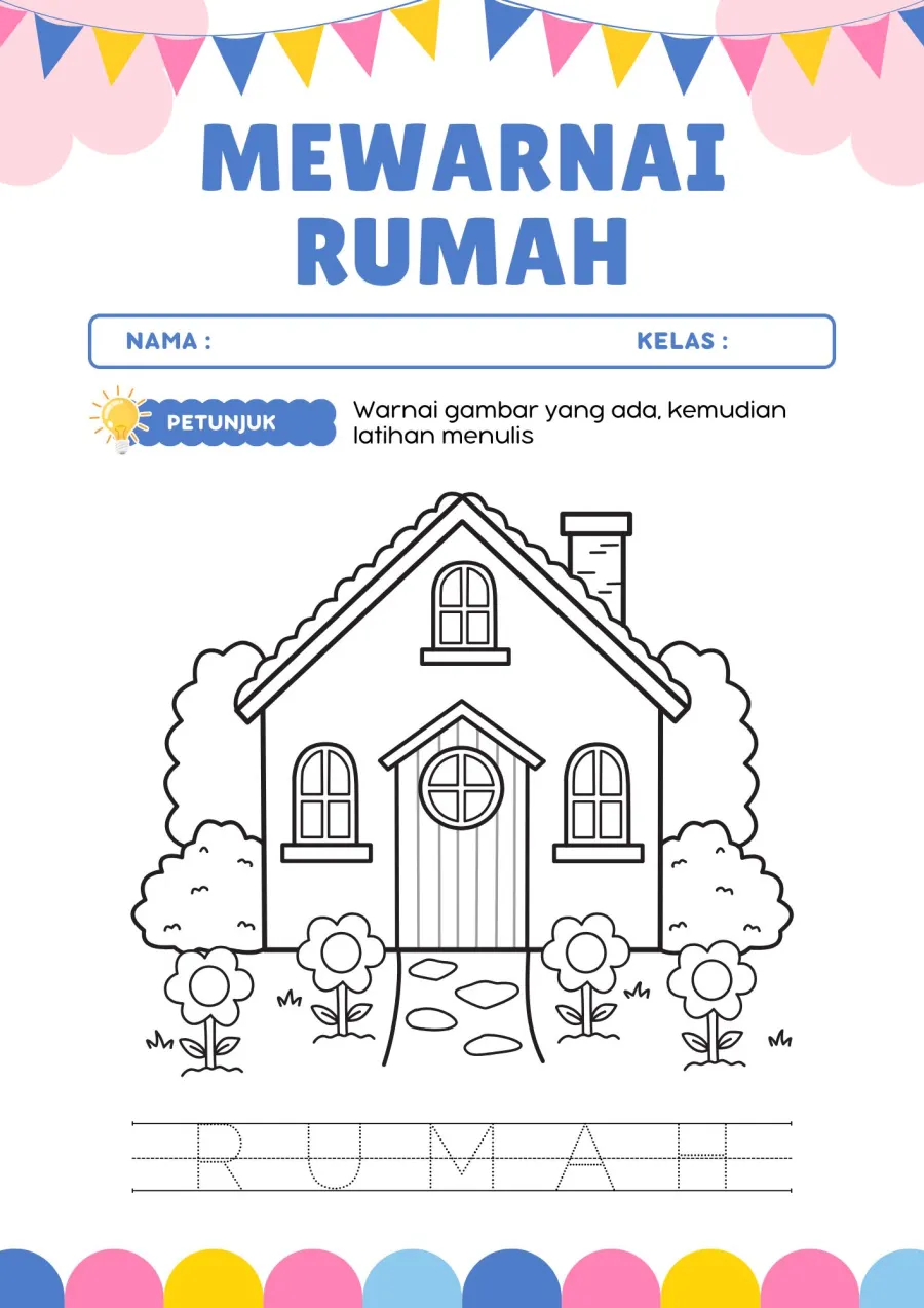 Mewarnai Gambar Bangunan Rumah dan Taman - Lembar Kerja TK Mewarnai & Gambar