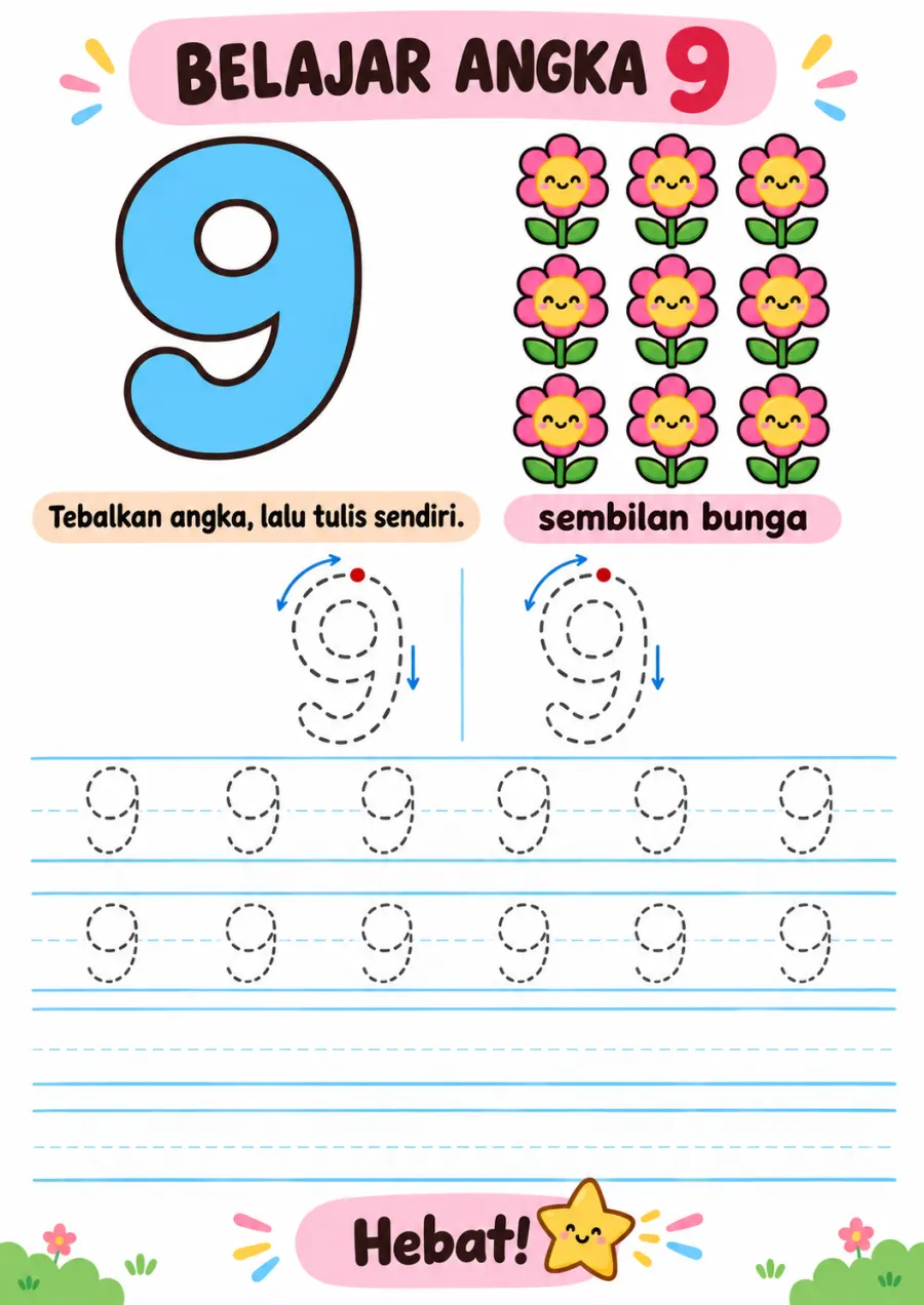 Belajar Menulis dan Menebalkan Angka 9 - Lembar Kerja TK Hitung & Berhitung