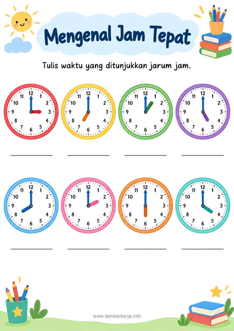 Mengenal Jam Tepat Membaca Waktu Jarum Jam Analog - Lembar Kerja SD Hitung & Berhitung