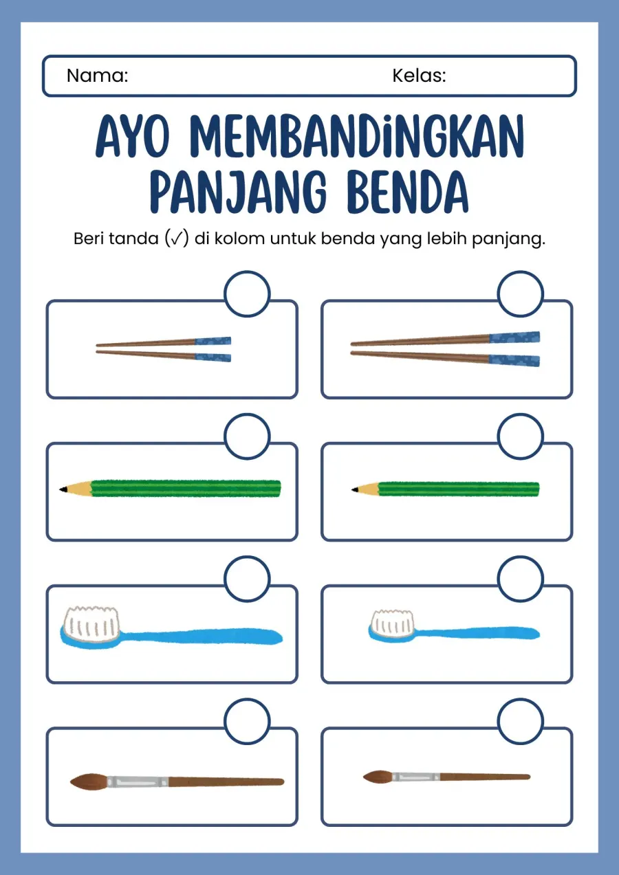 Membandingkan Panjang Benda Memberi Tanda Centang Lebih Panjang - Lembar Kerja SD Hitung & Berhitung