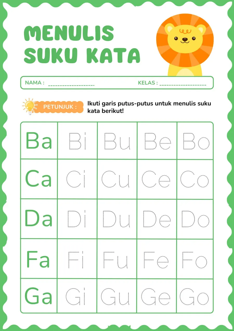 Menulis dan Membaca Suku Kata Awal Bergambar Singa - Lembar Kerja TK Kosakata / Vocabulary