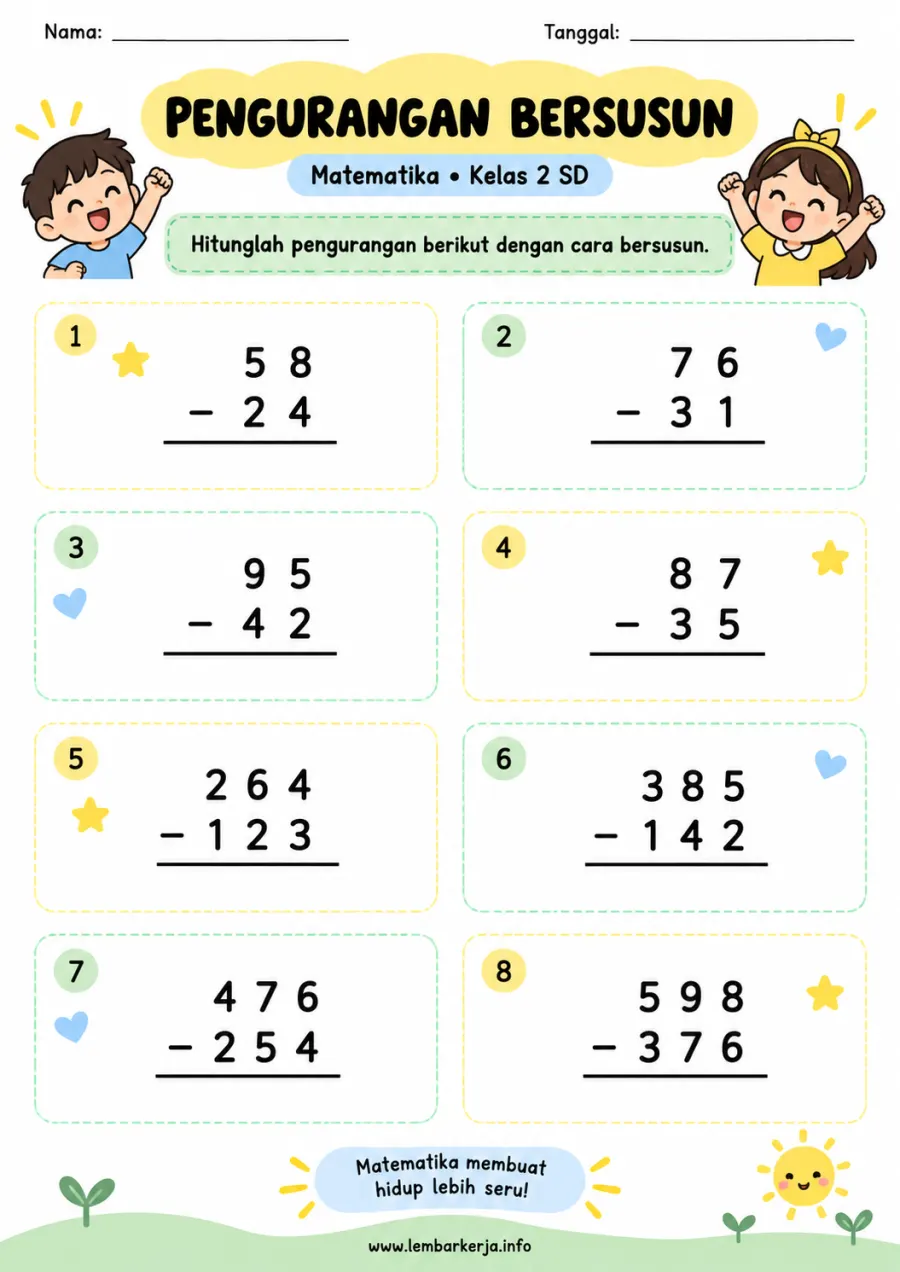 Pengurangan Bersusun Latihan Matematika Puluhan dan Ratusan - Lembar Kerja SD Hitung & Berhitung