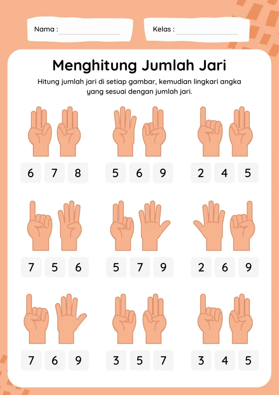 Lembar Kerja PAUD: Menghitung Jumlah Jari Tangan dan Melingkari Angka yang Sesuai - Lembar Kerja PAUD Hitung & Berhitung