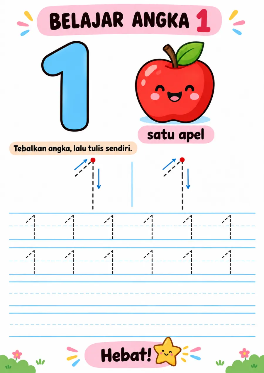 Preview Belajar Menulis dan Menebalkan Angka 1