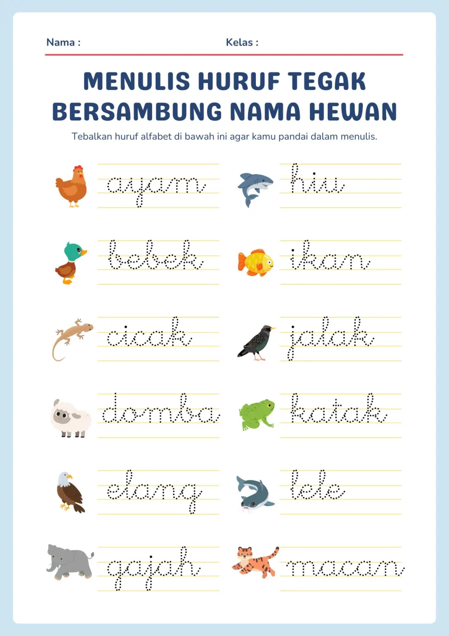 Menulis Huruf Tegak Bersambung Nama Nama Hewan - Lembar Kerja SD Menulis Kreatif