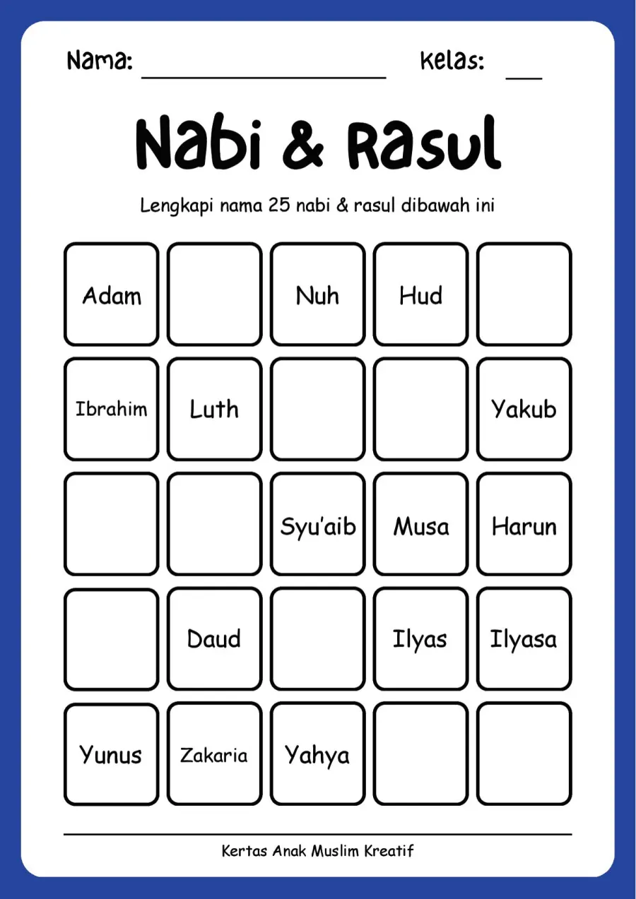 Preview Lembar Kerja PAUD: Melengkapi Urutan 25 Nama Nabi dan Rasul Tingkat 2