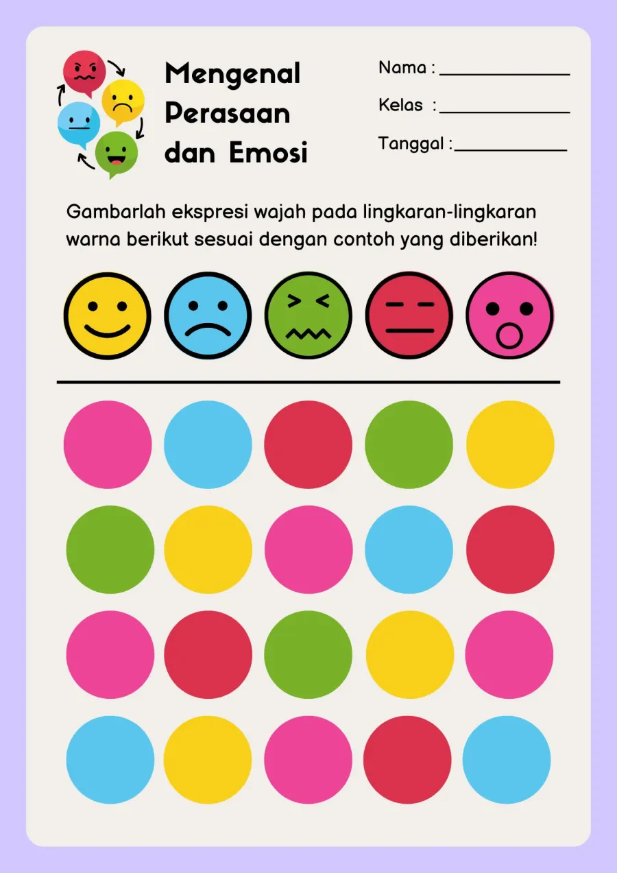 Mengenal Perasaan dan Emosi Menggambar Ekspresi Wajah - Lembar Kerja TK Lembar Seni & Kreativitas