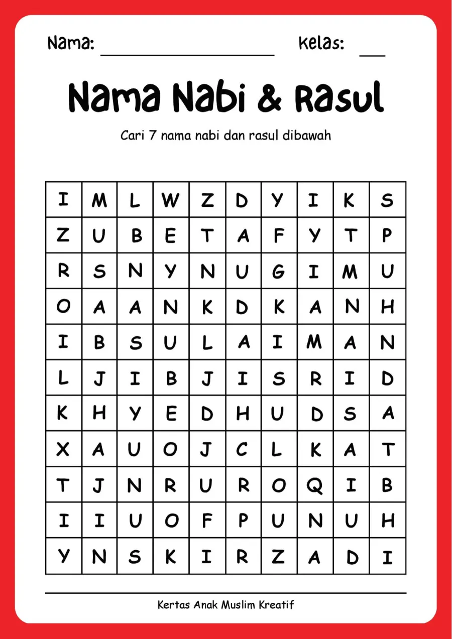 Lembar Kerja PAUD: Menemukan Nama Nabi dan Rasul Permainan Cari Kata - Lembar Kerja PAUD Labirin & Puzzle