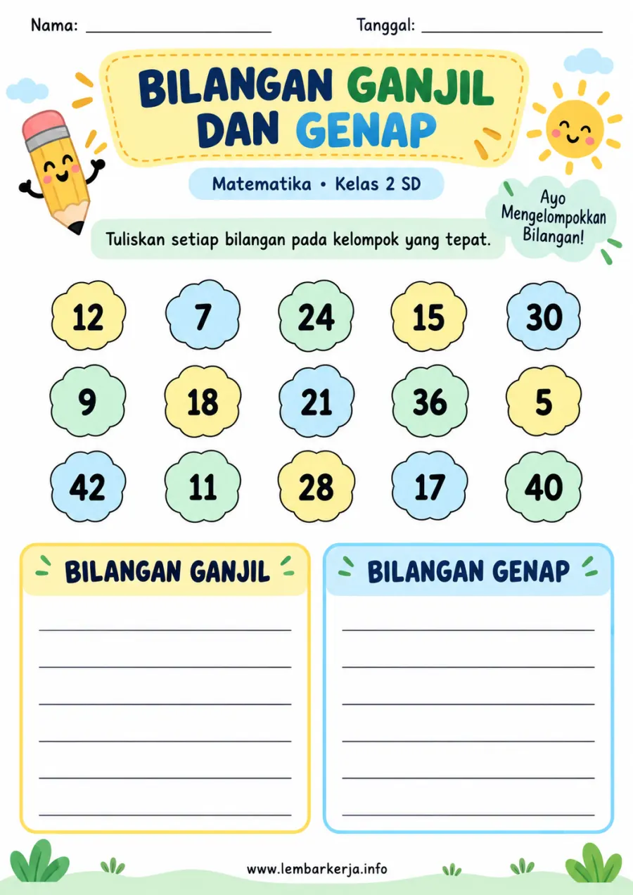 Bilangan Ganjil dan Genap Mengelompokkan Bilangan - Lembar Kerja SD Sortir & Kategorisasi