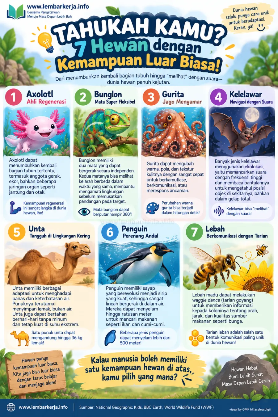 Tujuh Hewan dengan Kemampuan Luar Biasa dan Keunikannya - Poster / Infografis Umum Infografis Sains & Eksperimen